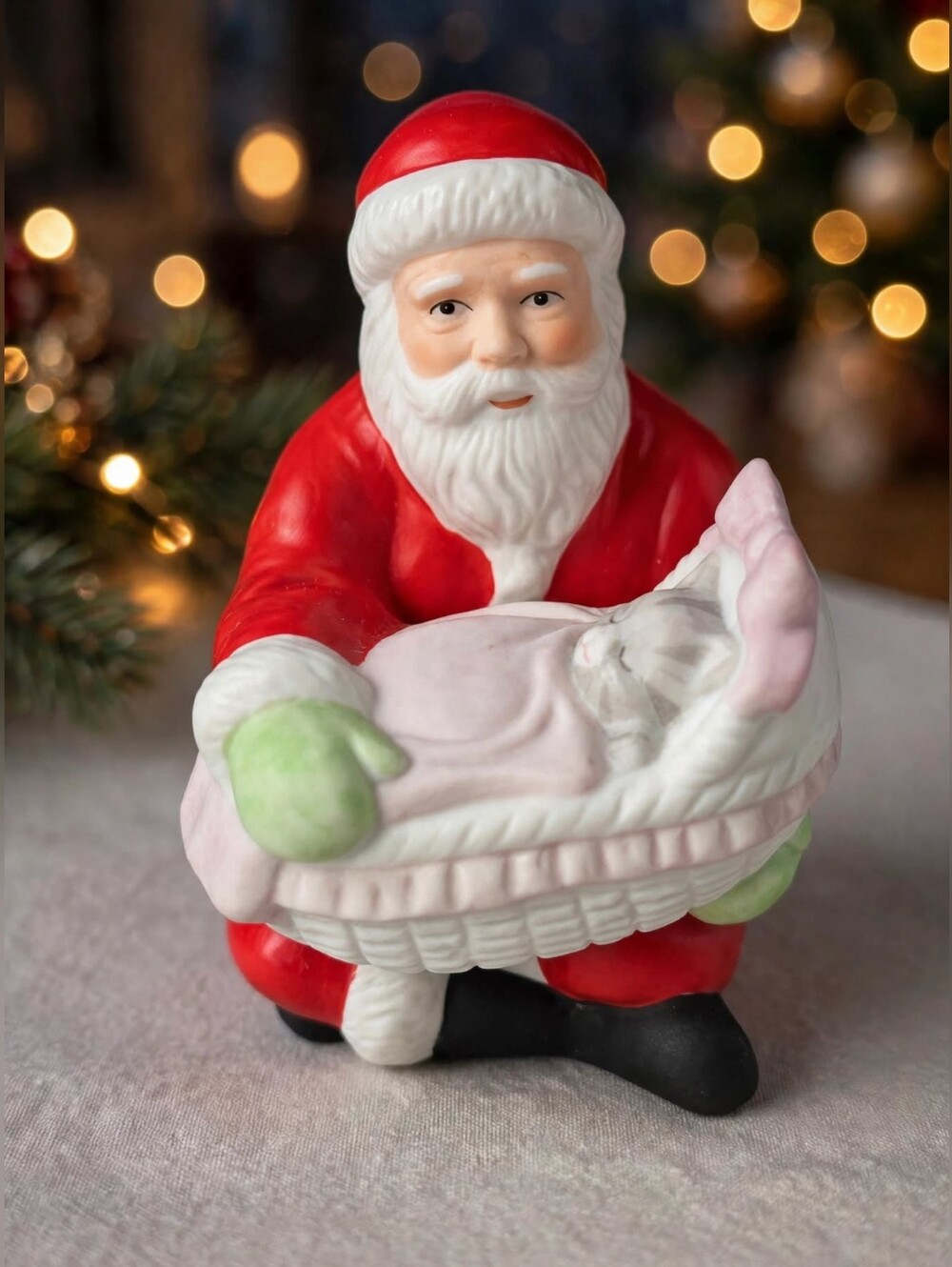 Vintage Schmid Kitty Cucumber Santa with Baby Kitten 1990 Porcelain Figurine